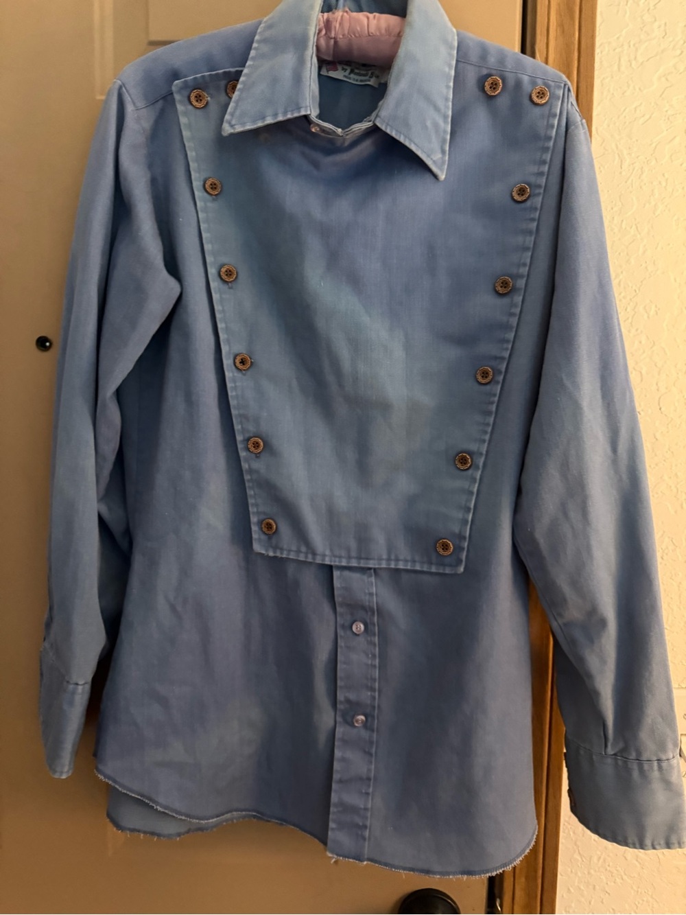 Men's Light Blue Calvary/Fireman bib-Front Shirt. Double breasted flat bib. Vtg